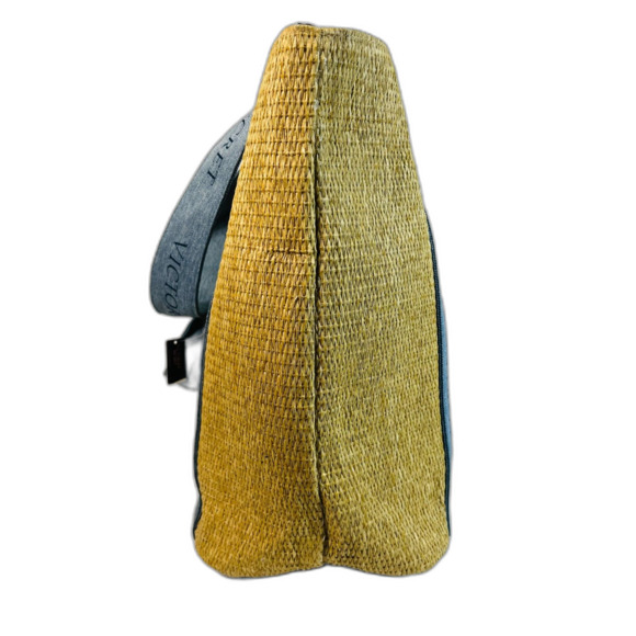 VS Victoria Secret Beach Tote Bag Pool Straw Raffia Woven Beige Blue Logo Boho - Picture 4 of 9